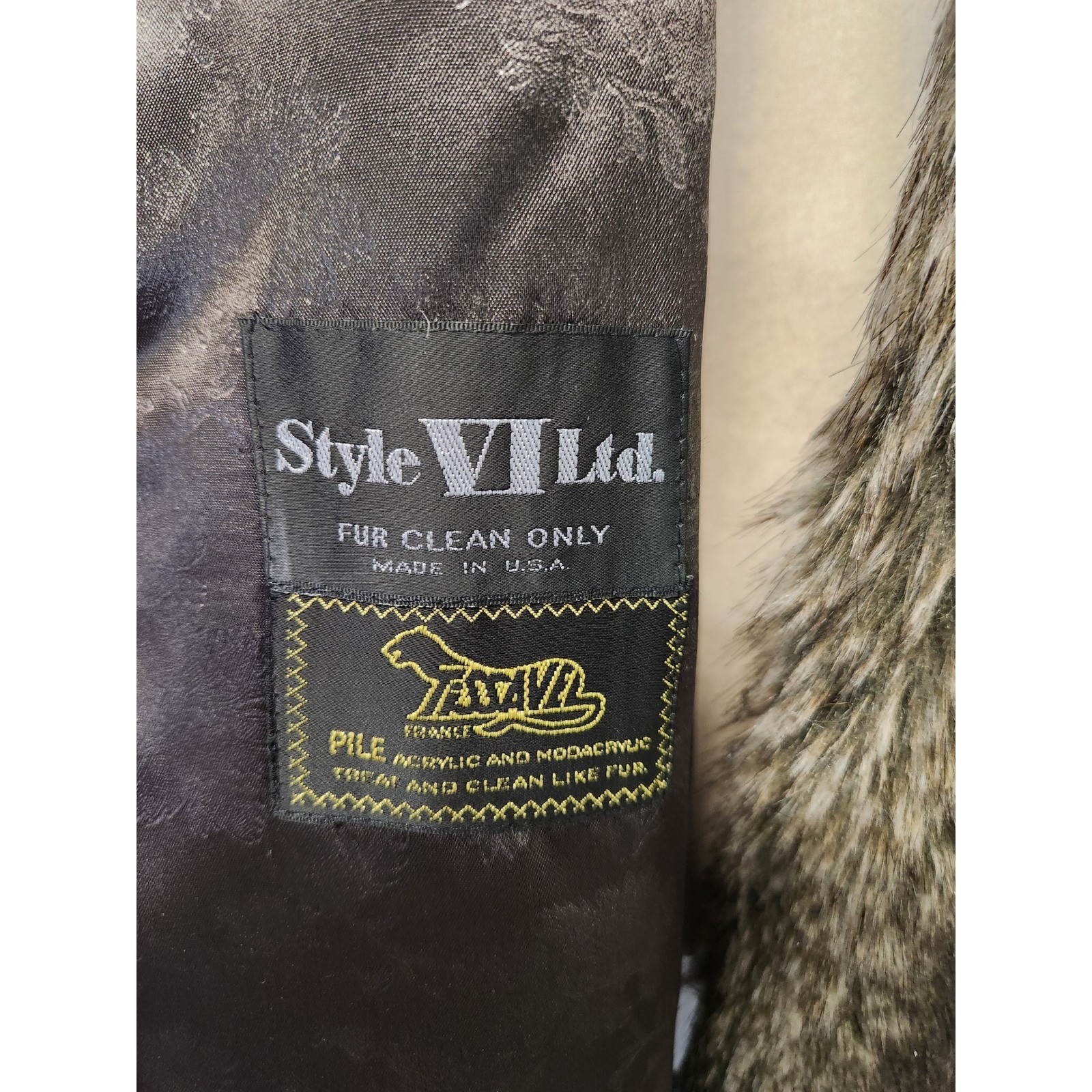Vintage 80s Mob Wife Style VI Ltd Faux Fur Coat Brown Grey Tissavel France Large