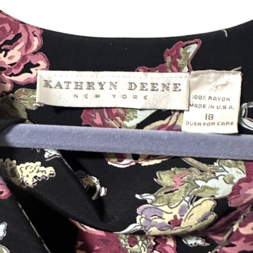 Vintage 80s/90s Kathryn Deene Black Floral Collared Midi Dress Plus Size 18