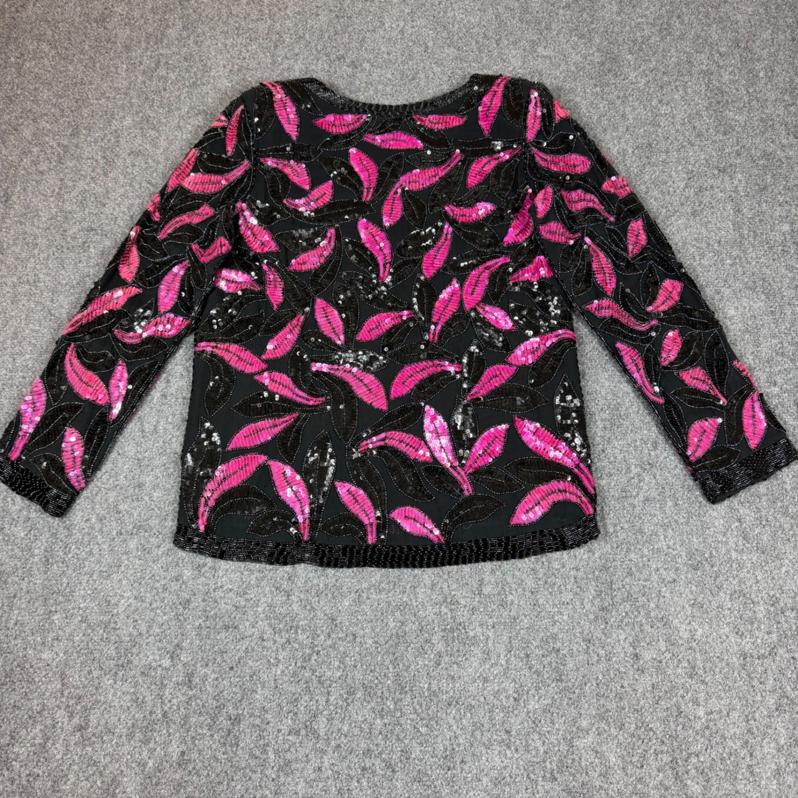 Vintage Made in India Silk Beaded Sequin Pink Black Long Sleeve Shoulder Pad Med