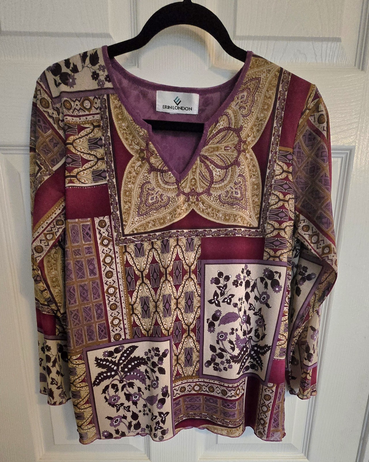90s Erin London Women’s Sm Bohemian Long Sleeve V-Neck Burgundy Paisley Blouse
