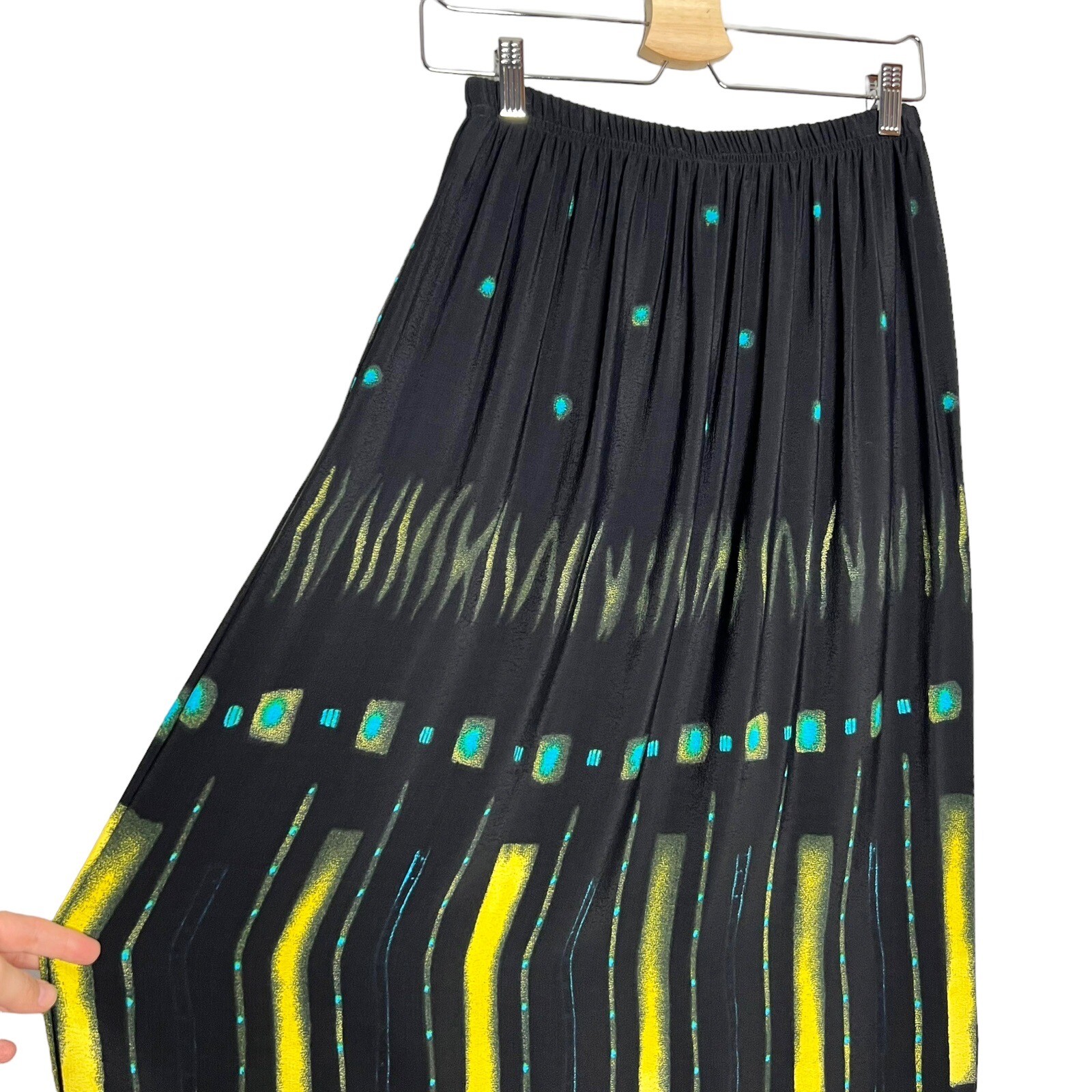 Vtg Nino Wong Rayon Black Teal & Bright Yellow Abstract Print Maxi Skirt Medium