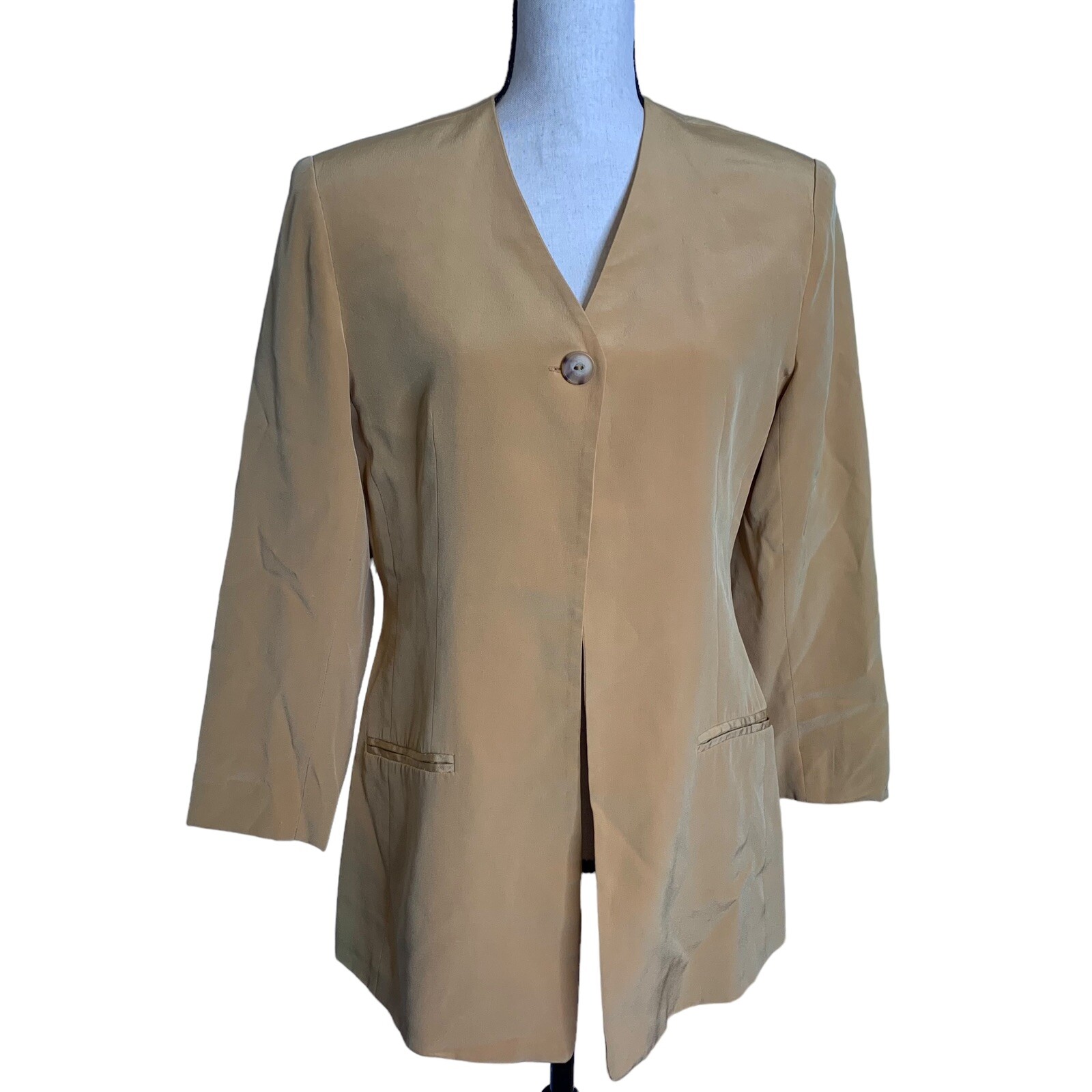 Horchow Blazer Womens Size 4 100% Silk Fully Lined One Button Faux Pockets LS