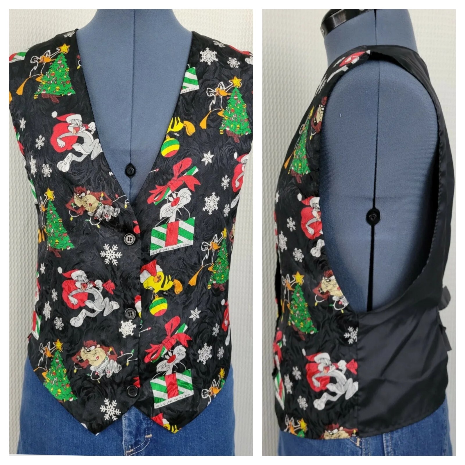 Vtg 1994 Looney Tunes Xmas Vest w Bugs, Daffy, Sylvester, Tasmanian Devil Sz S/M