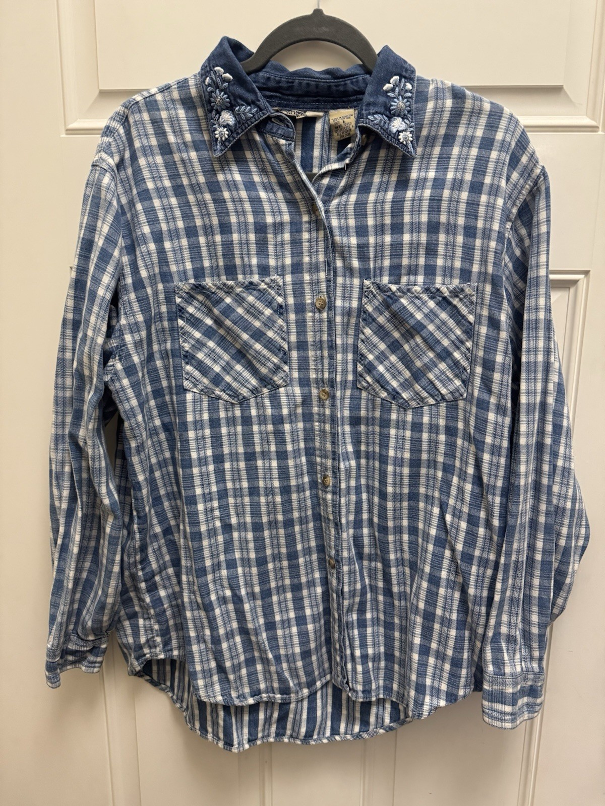 Vintage Northwest Blue Plaid Button Up Embroidered Denim Collar Farm House Sz L