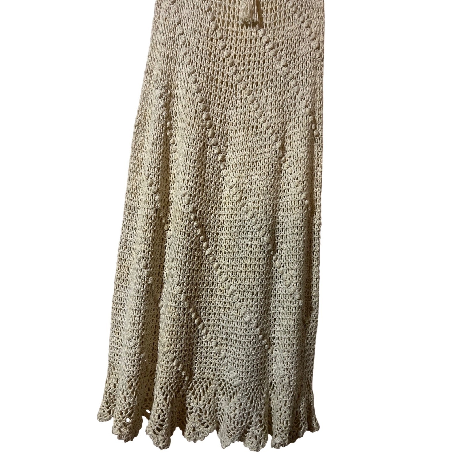 Vintage Crochet Maxi Dress XS Small 70s Whimsigoth Chevron Popcorn Stitch Ivory