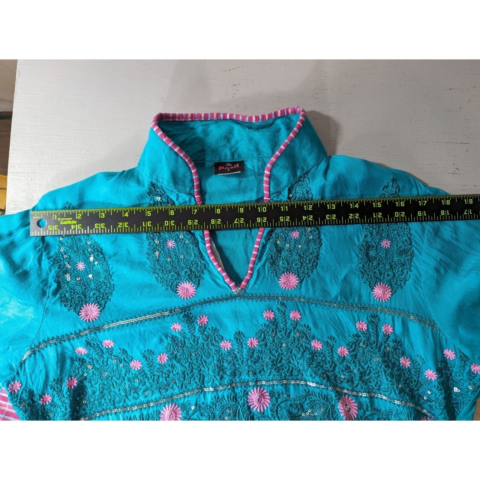 Sha Posh Maxi Dress Womens Size L Floral Embroidered Sequins Grannycore Y2K Teal