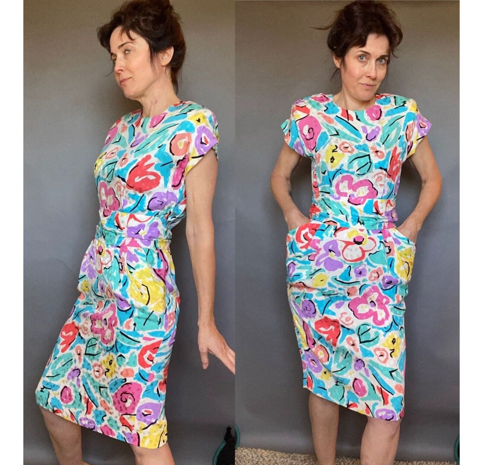 VTG Liz Claiborne Dress flower Sz P S M floral pastel silk 29″ waist 4 6 8