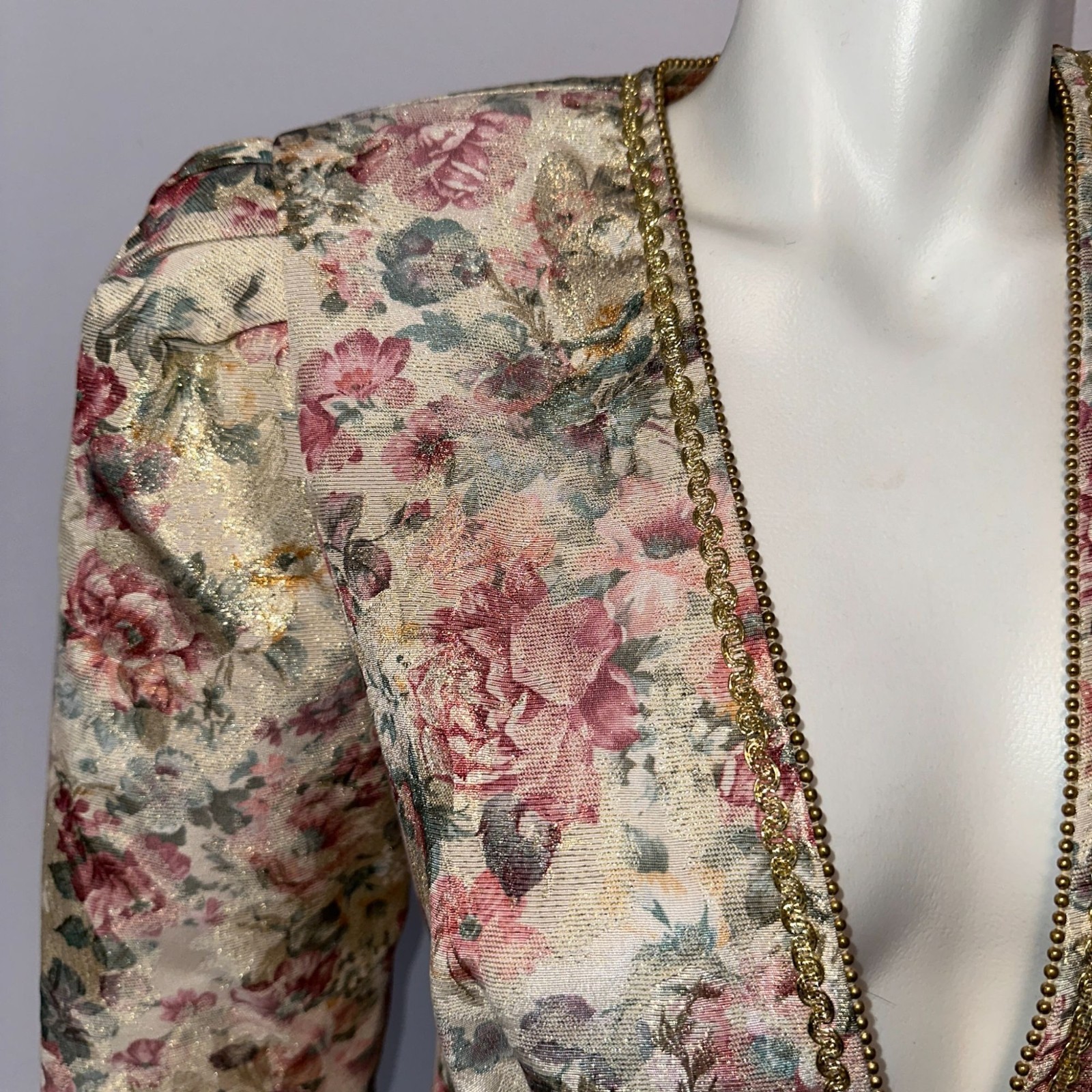 Vintage 1980s Nah Nah Floral Blazer 6 Gold Metallic Brocade Peplum Evening Jacke