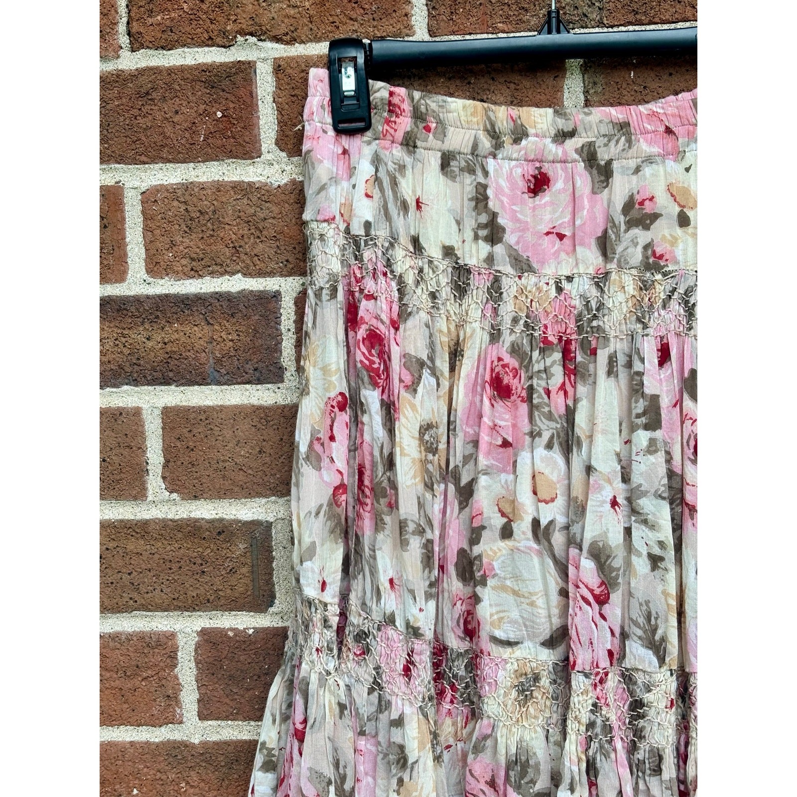 Vintage 1980s Passports Pier 1 Floral Skirt Pink Brown Rayon Cotton Boho Tiers