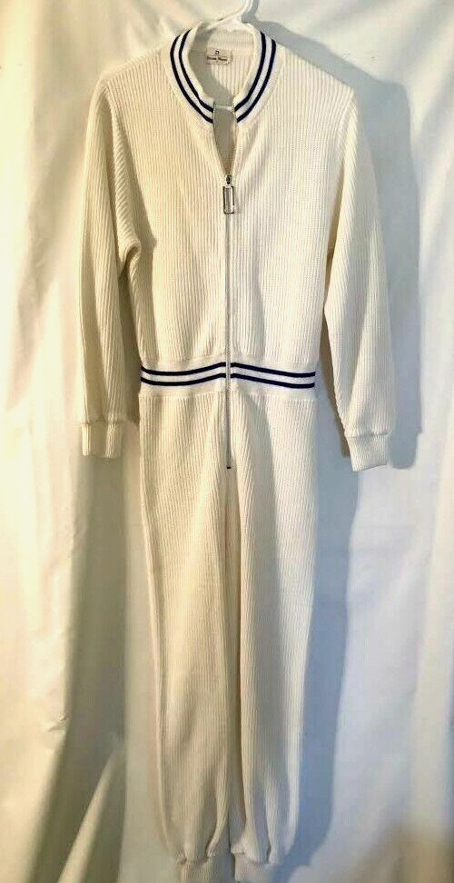 Neiman Marcus Vtg 80s one piece white and navy acrylic zipper sweater jumpsuit S