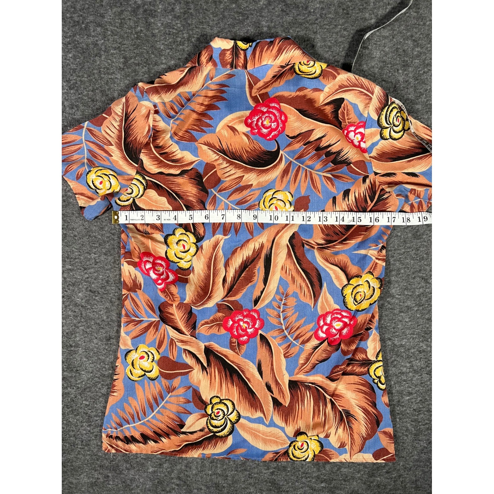 Vintage 80s Tropical Floral Button Down Shirt Short Sleeve Blue Brown RN 22636