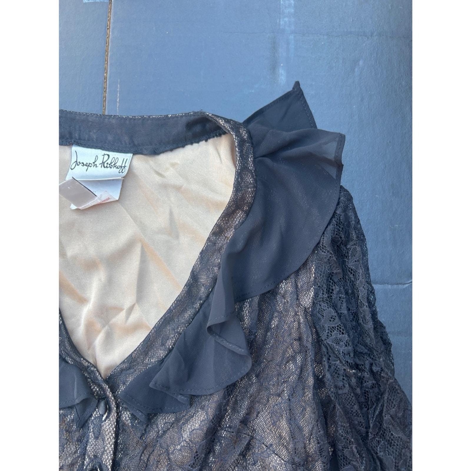 Joseph Ribkoff vintage Lace Blouse Women 6 Black Ruched Ruffle 90s Y2K top