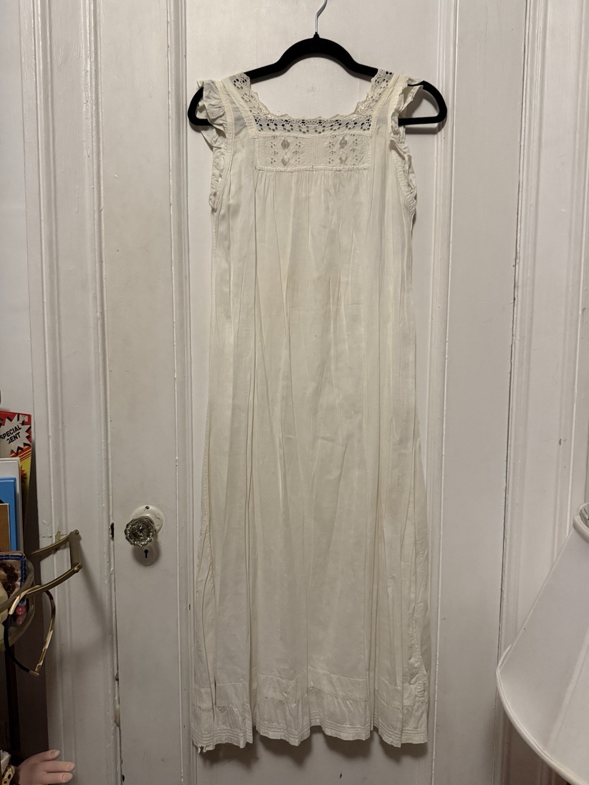 Antique 1910s Edwardian White Cotton Chemise Nightshirt Floral Embroidery Eyelet