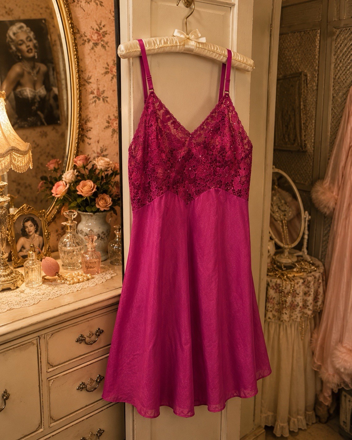 Unique Rare Fuchsia Rhinestone Detailed Lace Slip Vintage Lingerie Sz L 12 / 14
