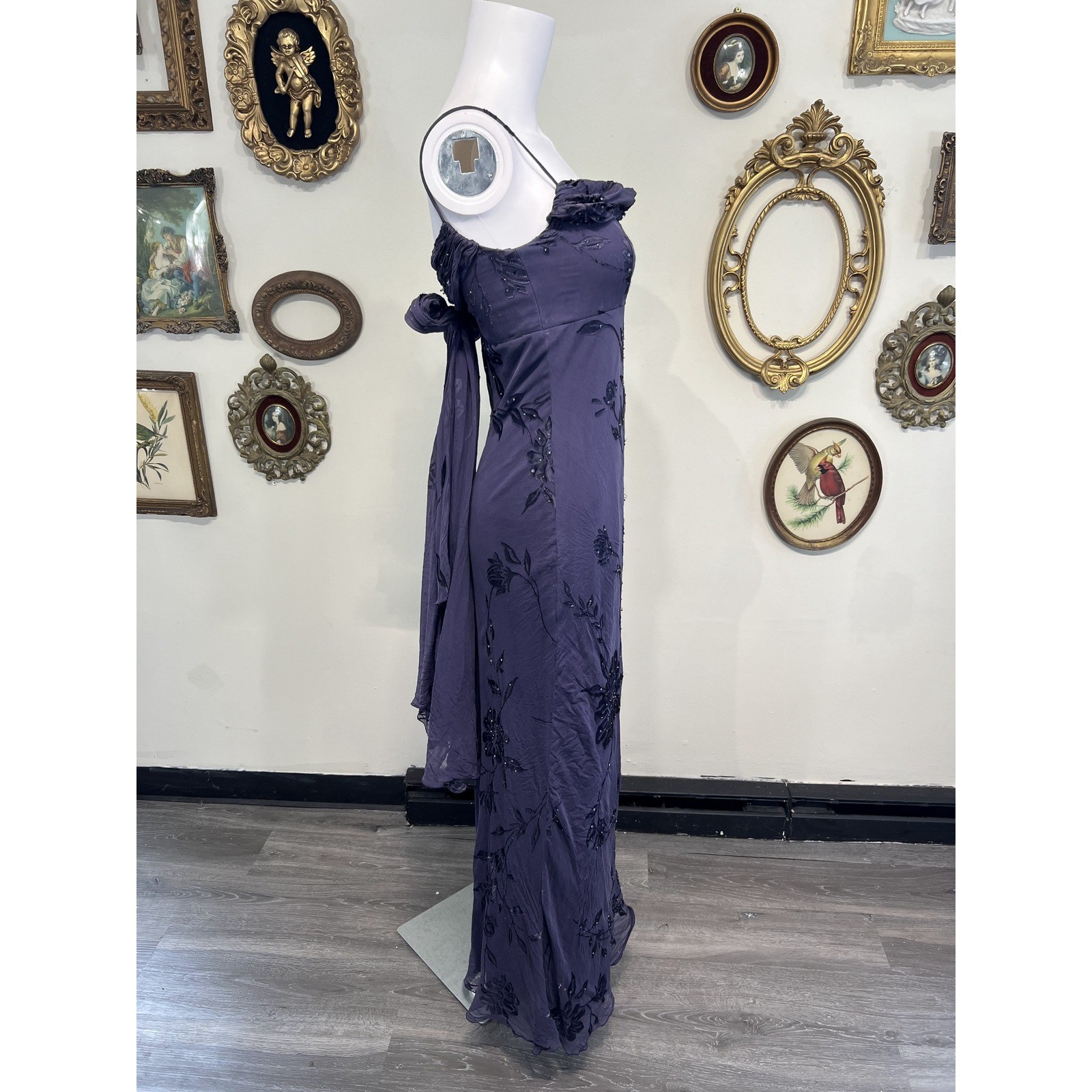 Vintage Martha Lynn Purple Beaded Embroidered Silk Mesh Slip Maxi Gown Dress 6