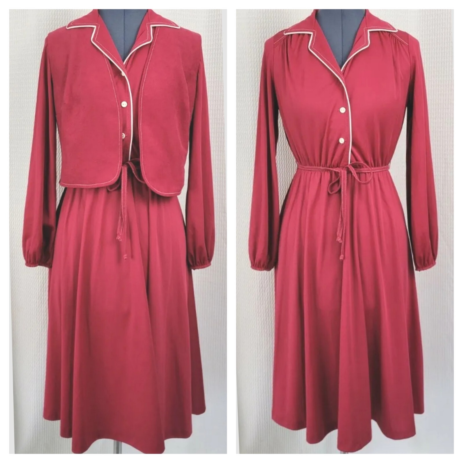 Vintage Kevin Stuart Maroon/Red Dress w Cream Piping & Matching Sueded Vest 12P
