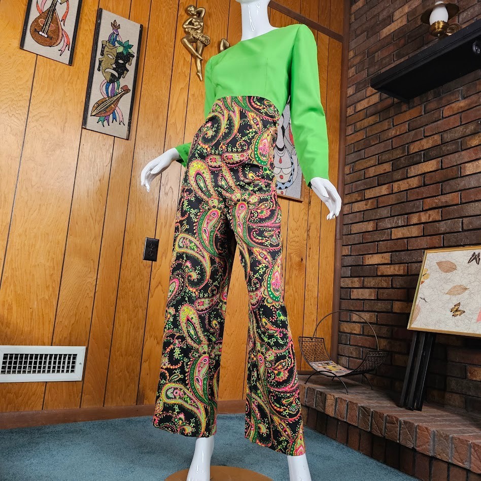 Vtg 60s Mod Hippie Psychedelic Neon Paisley Barkcloth Wide leg Pant Jumpsuit S/M