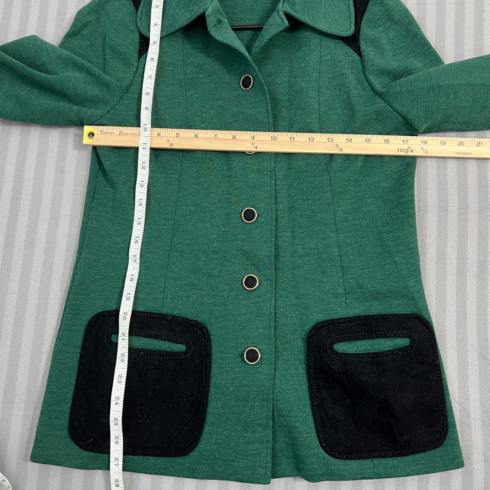 1970s Dalton Blazer Jacket Womens 16 Green Vintage Knit Suede Trim Colorblock