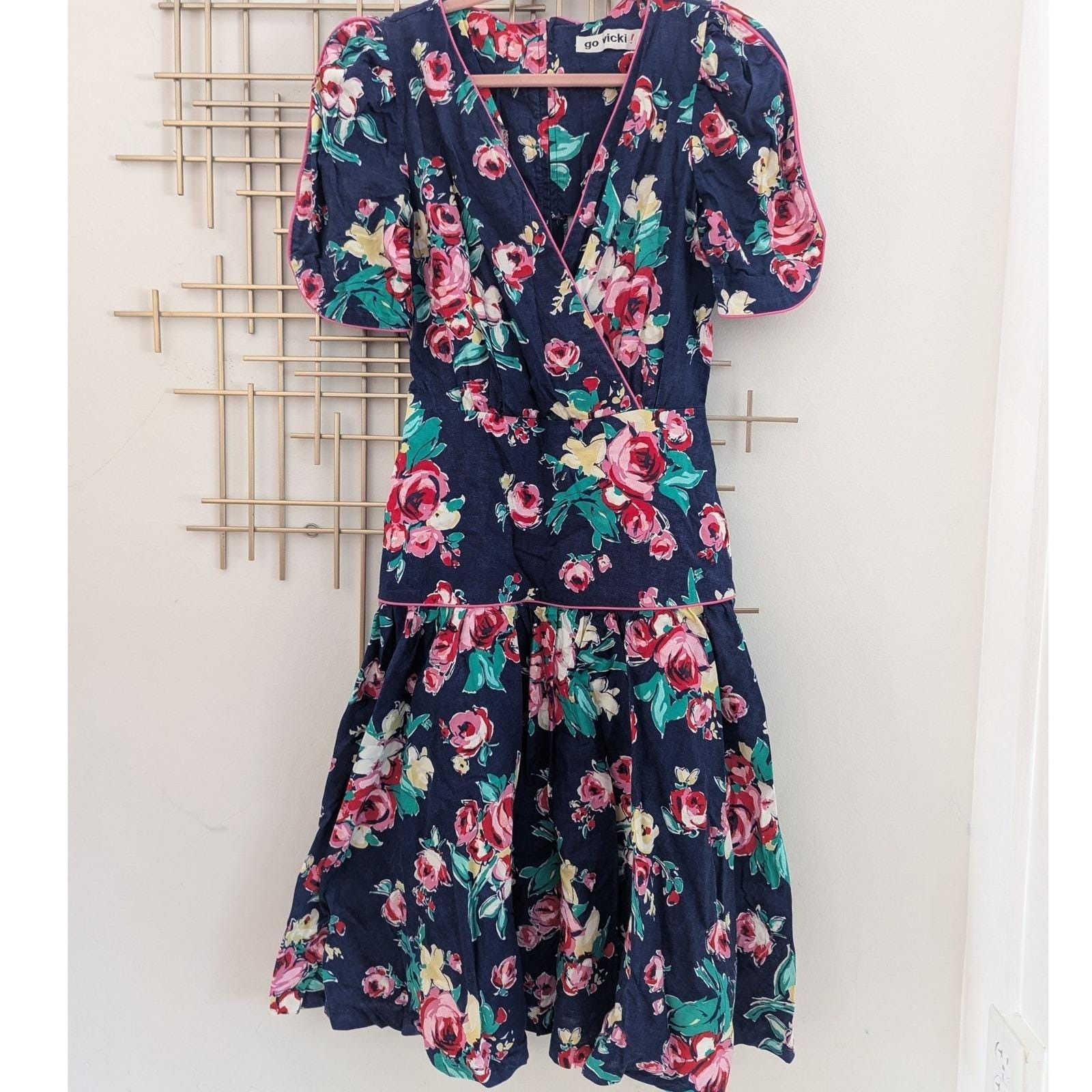 Vtg 80s Midi Dress Navy Pink Floral Drop Waist Piped Trim Short Sleeve Sz 10