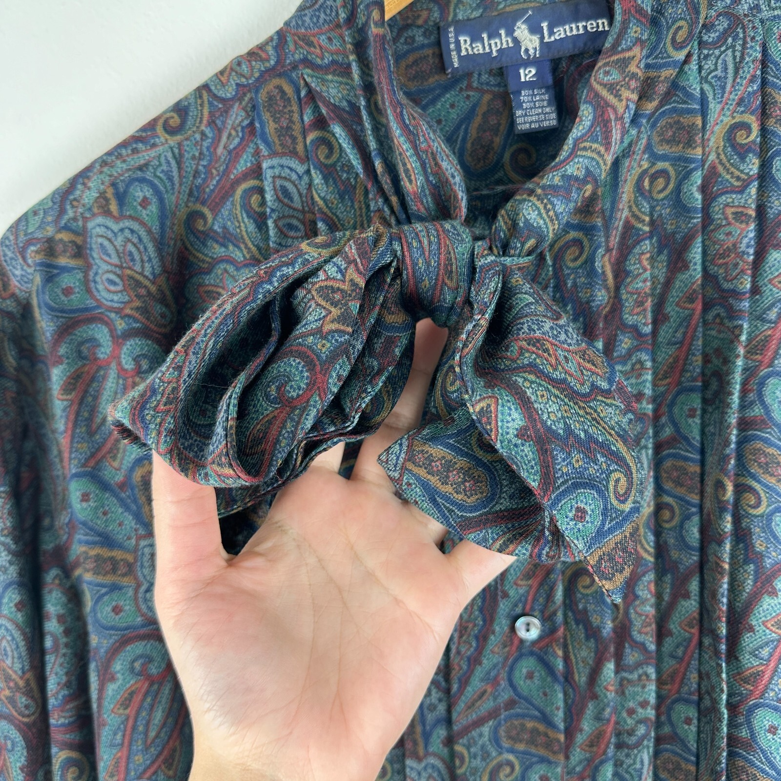 VTG 80’s Ralph Lauren Women’s 12 Wool Silk Paisley Blouse, Pussy Bow, Union Made