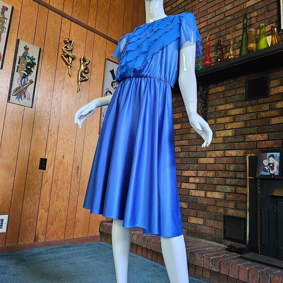 Vtg 80s Disco Liquid Jersey Chiffon Flutter Sleeves Sweeping Dancing Skirt S/M