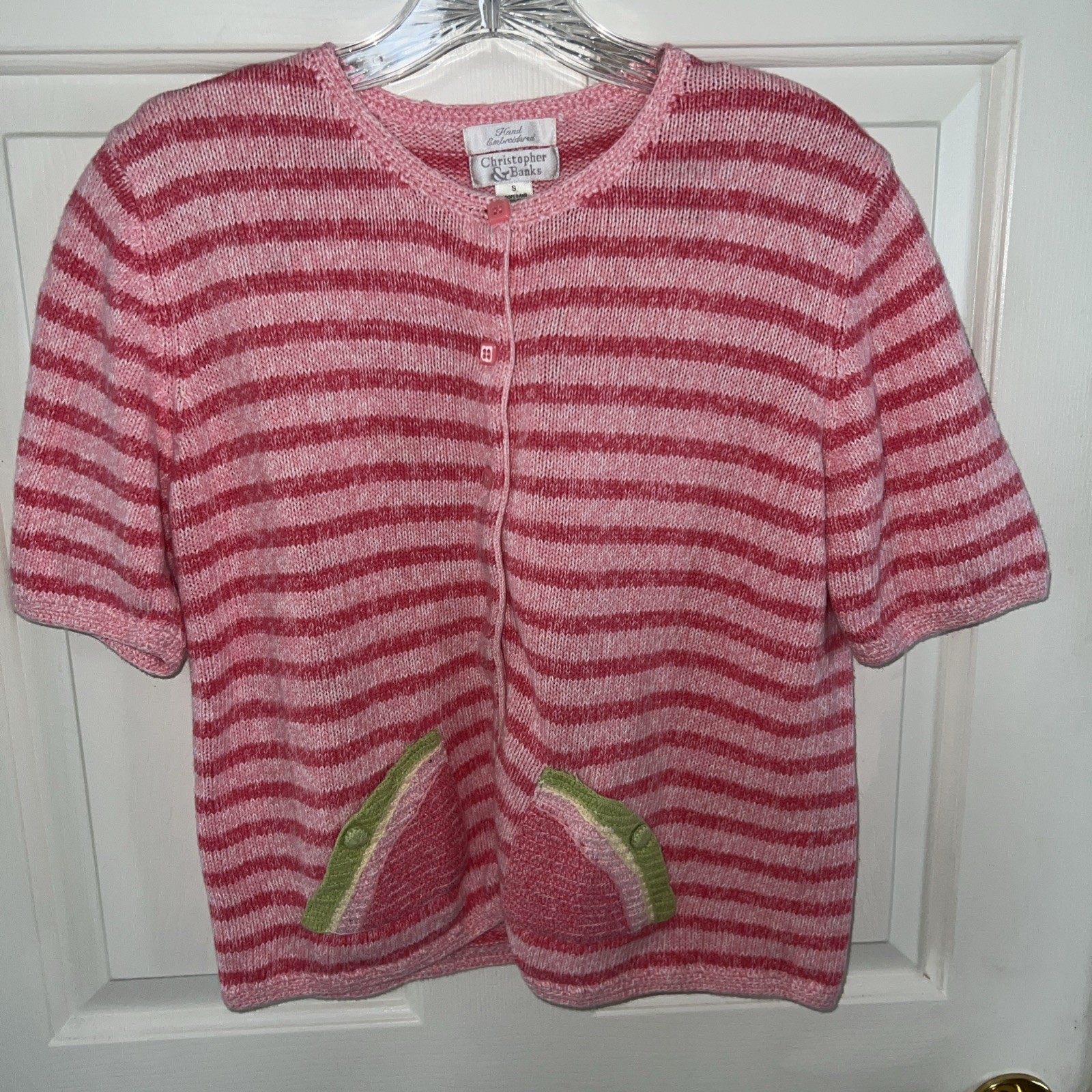 Vtg Christopher & Banks Pink Stripe Hand Stitched Sweater Watermelon Pocket Sz S