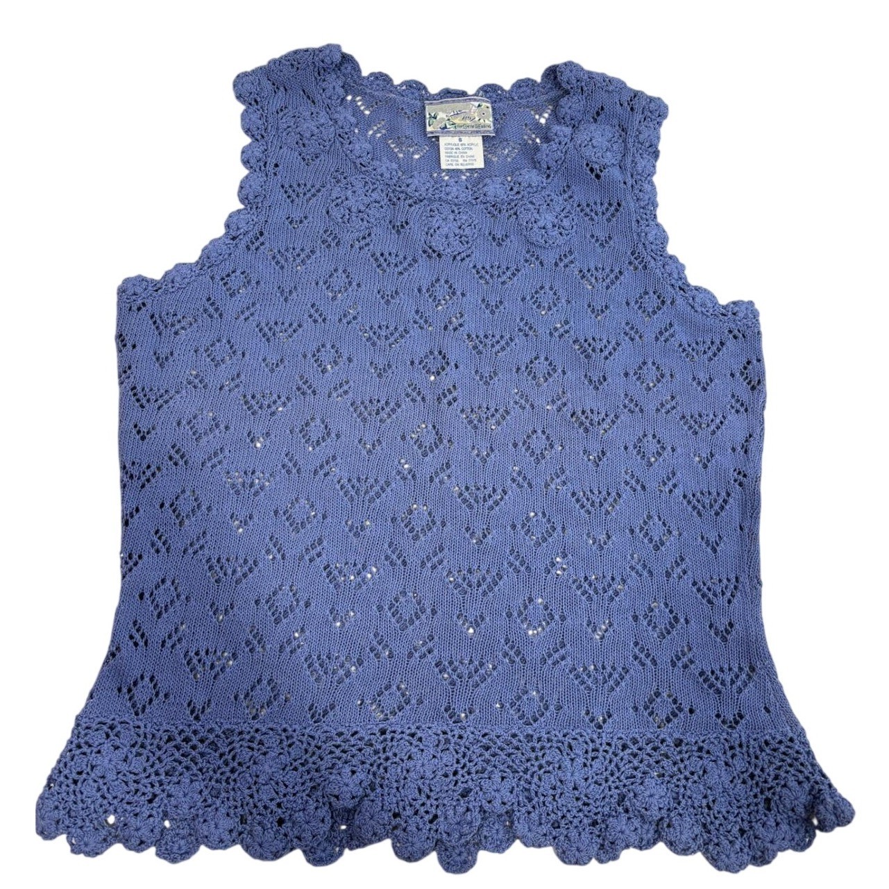 Vintage Corner Reading Periwinkle Blue Crochet Knit Sleeveless Top Small
