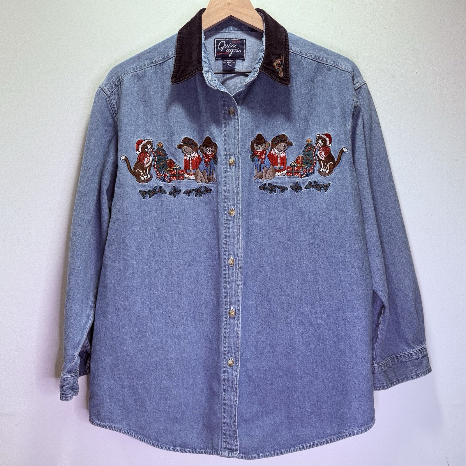 90s Let’s Quiz Again Ugly Christmas Denim Shirt Western Cowboy Cats L Cat Lady