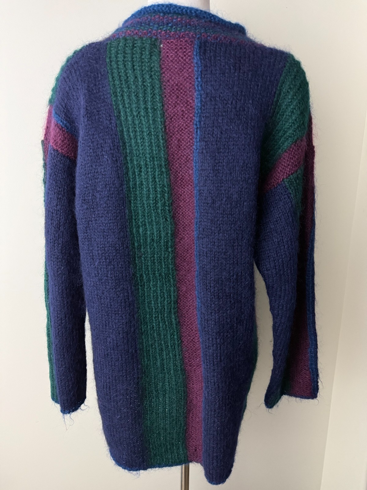 Paris Sport Club Vintage Hand Knitted Mohair Blend Striped Sweater Purple Teal S