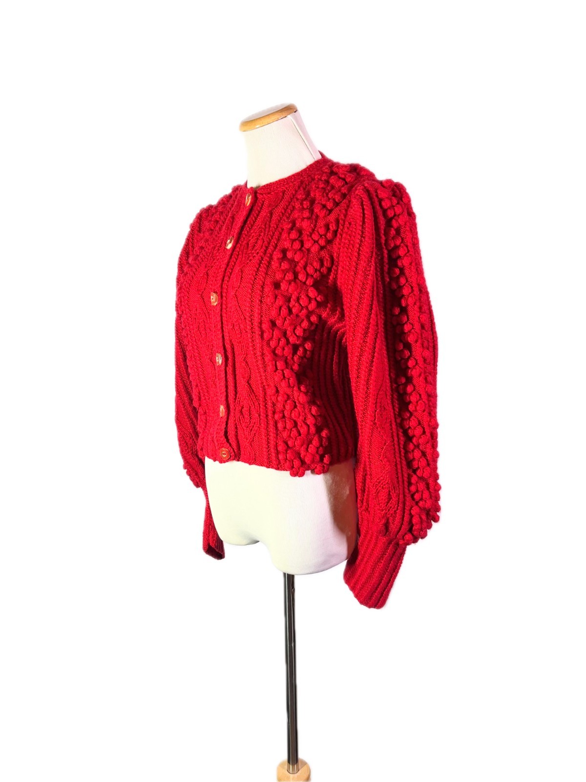 Vintage Gilca Putz Thick Wool Red Cardigan Sweater Pom Poms