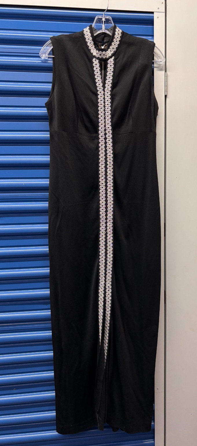 Vintage 70s Black Maxi Dress Mock Neck Metallic Trim Slit L Disco Sonny & Cher