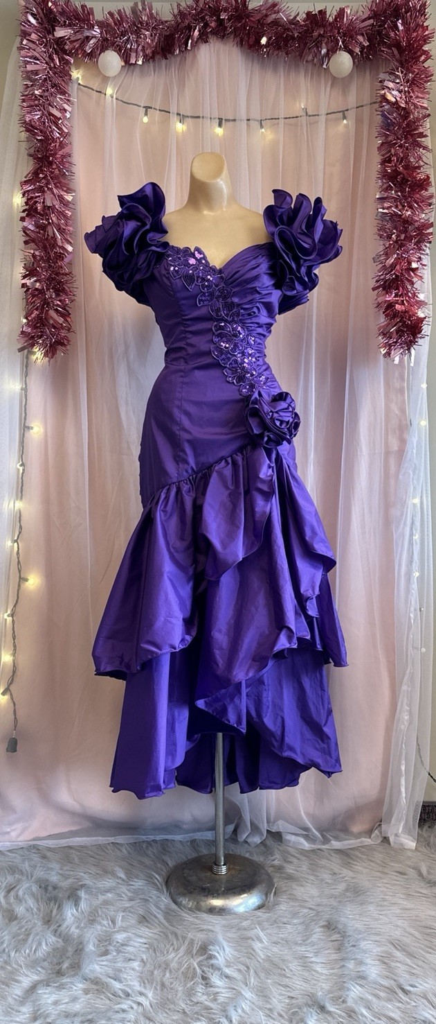 Vintage 80s Formal Prom Party Evening Dress Purple Sequins Poufy Sleeves M