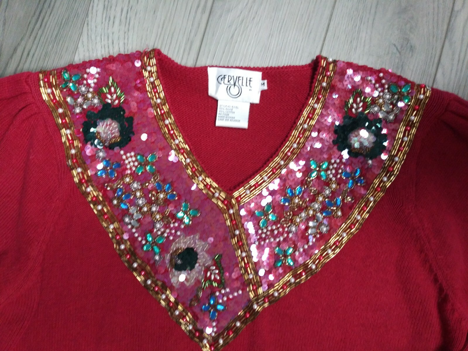 VINTAGE Cervelle Red Knit Beaded Sweater Woman’s Size M