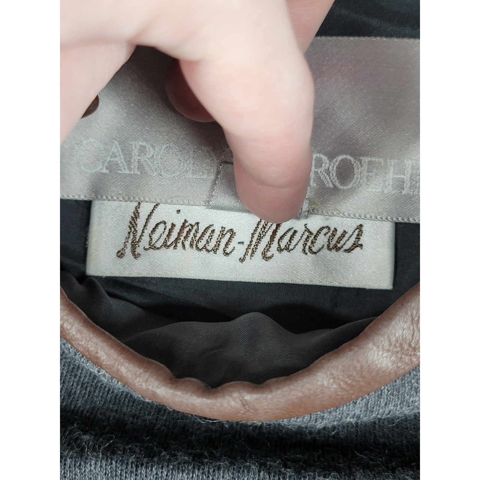 Carolyne Roehm Neiman Marcus Vintage Gray Wool Dress Leather Trim Made in USA 12