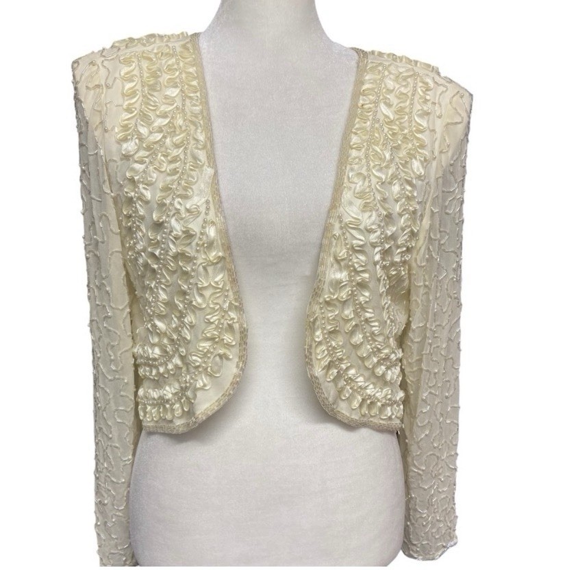 Vintage Macis Silk Beaded Soutache Bolero Jacket Ivory Bridal Sheer Sleeve