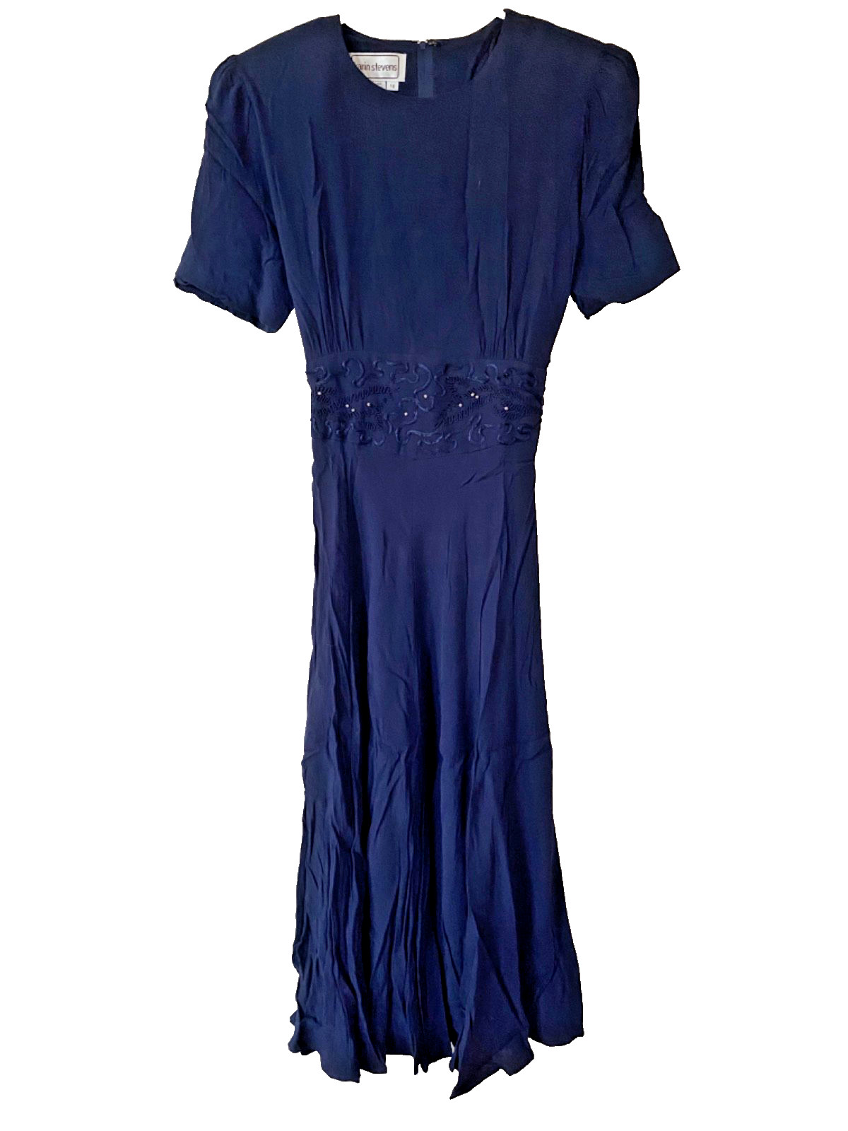 Vintage 1940s Style 80s Navy Dress, Women’s Medium Rayon Tie Back with Beading
