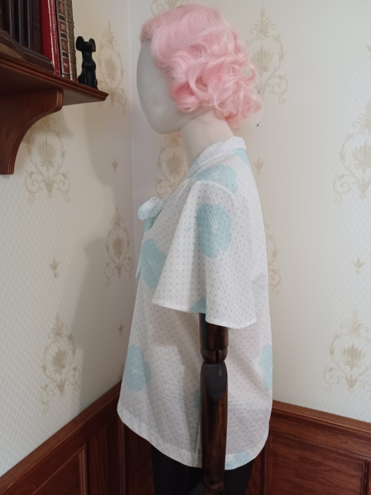 Vintage 1970s/80s Fire Islander Pastel Aqua Polka-dot Pussybow Secretary Blouse