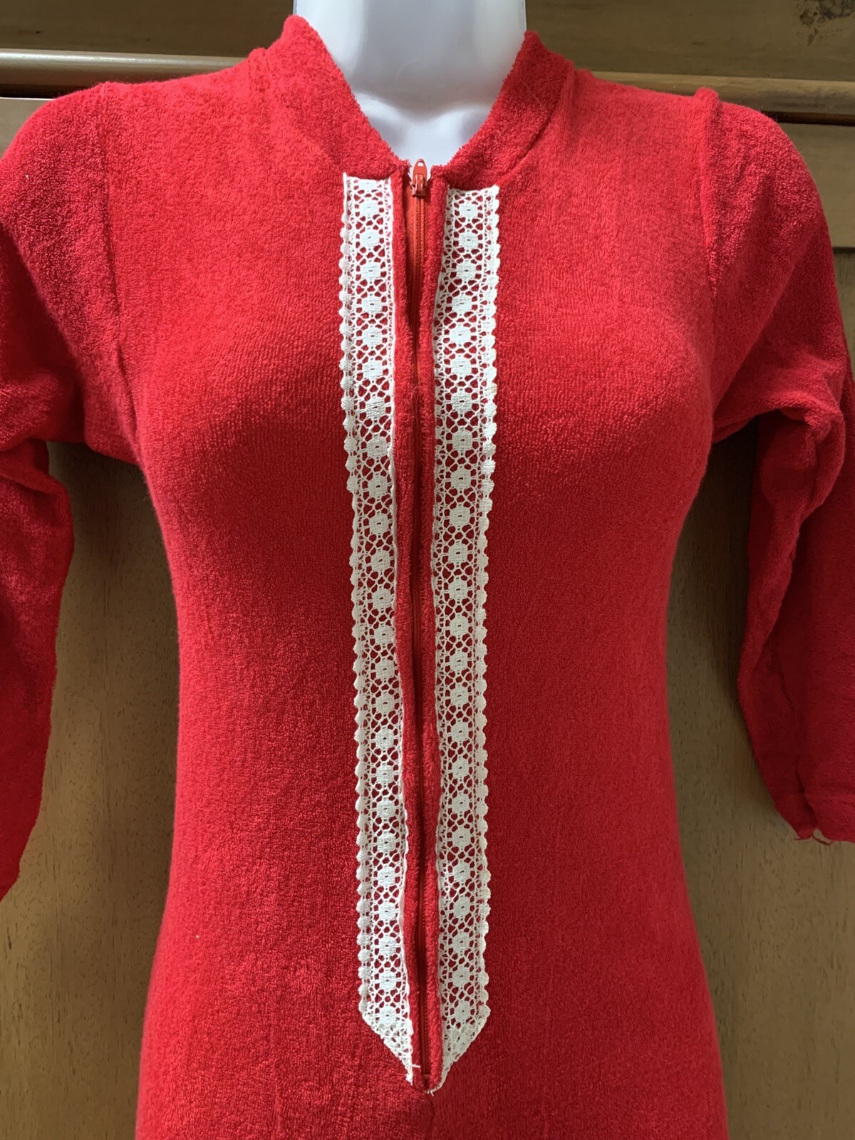 VTG Sears Women’s S 32/34 Red Zip Up Sexy 1 Piece Loungewear Stretch Terry Knit