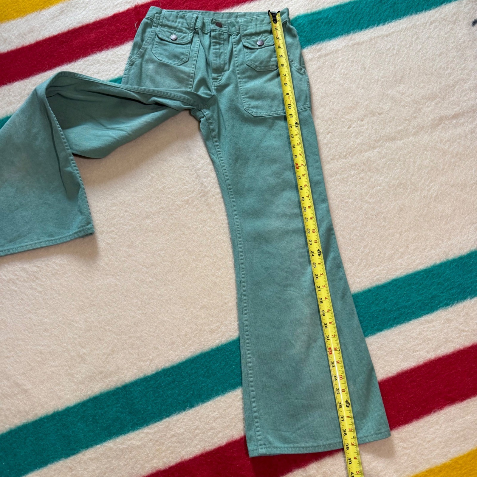 VTG 70s Green Denim Flared Pants Talon 42 Zip High Waist 29×29