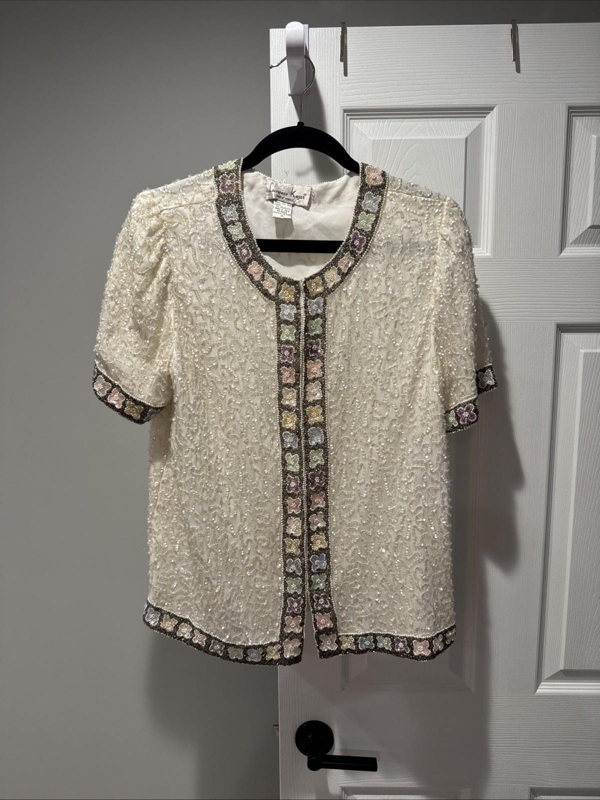 Vintage Laurence Kagan White Silk Beaded Embellished Flowers Abstract Top Size M
