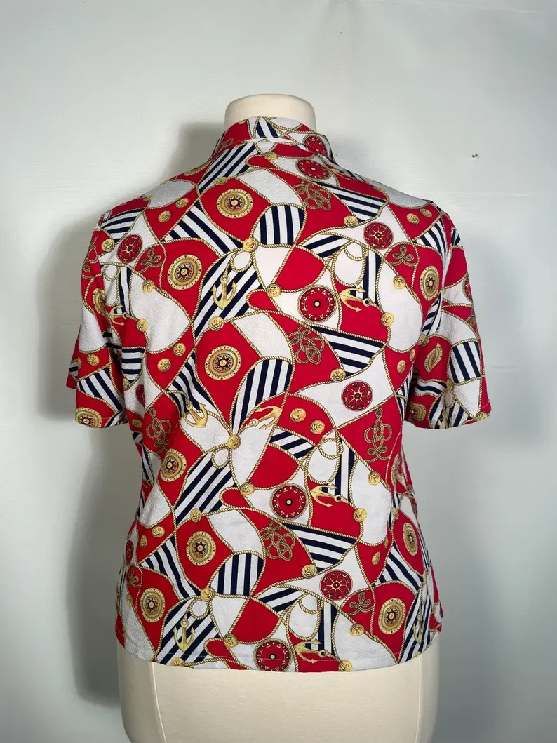 Vintage 80s/90s Plus Size Nautical Rope And Anchor Print Blouse Size XL/2XL