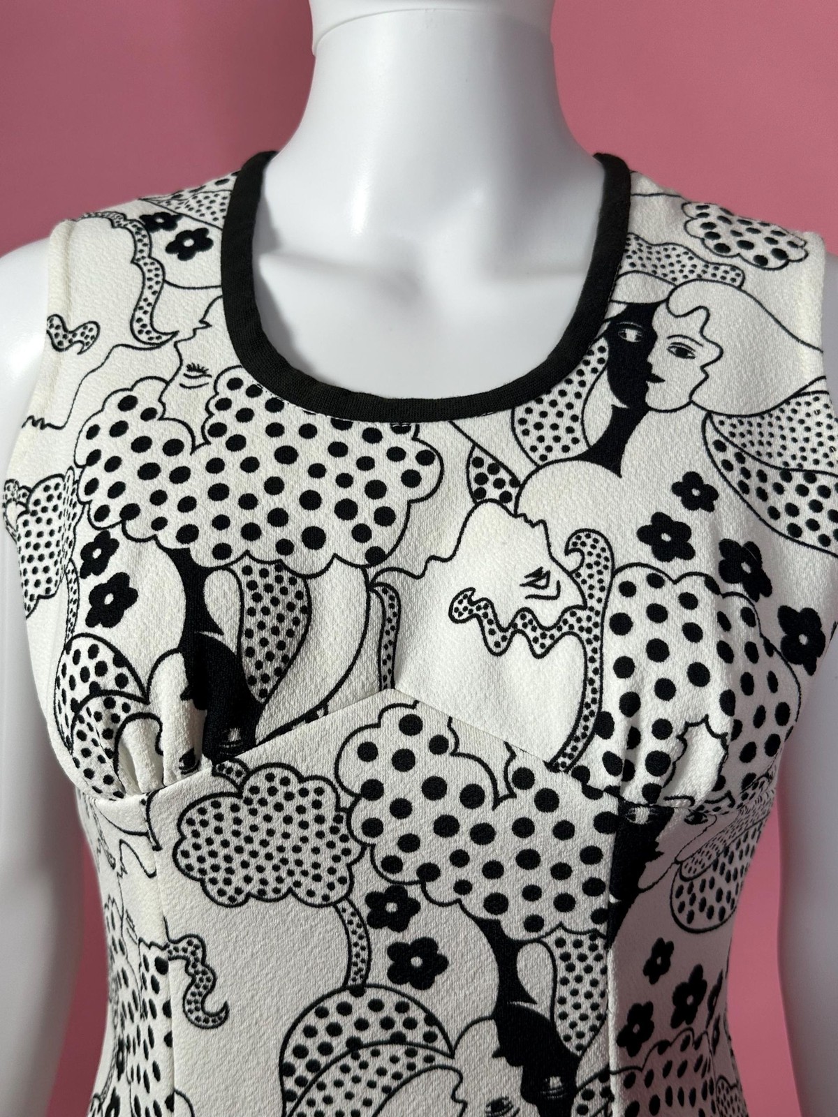 1960s MOD FACE Print SURREALIST OP Art Dot Whimsical Mini Dress. XS-S. AS IS