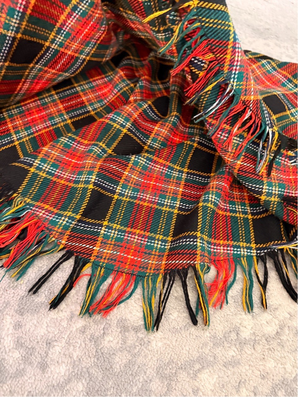Vintage 1960s/70s Tartan Cape Poncho O/S Red Black Green Plaid Fringe