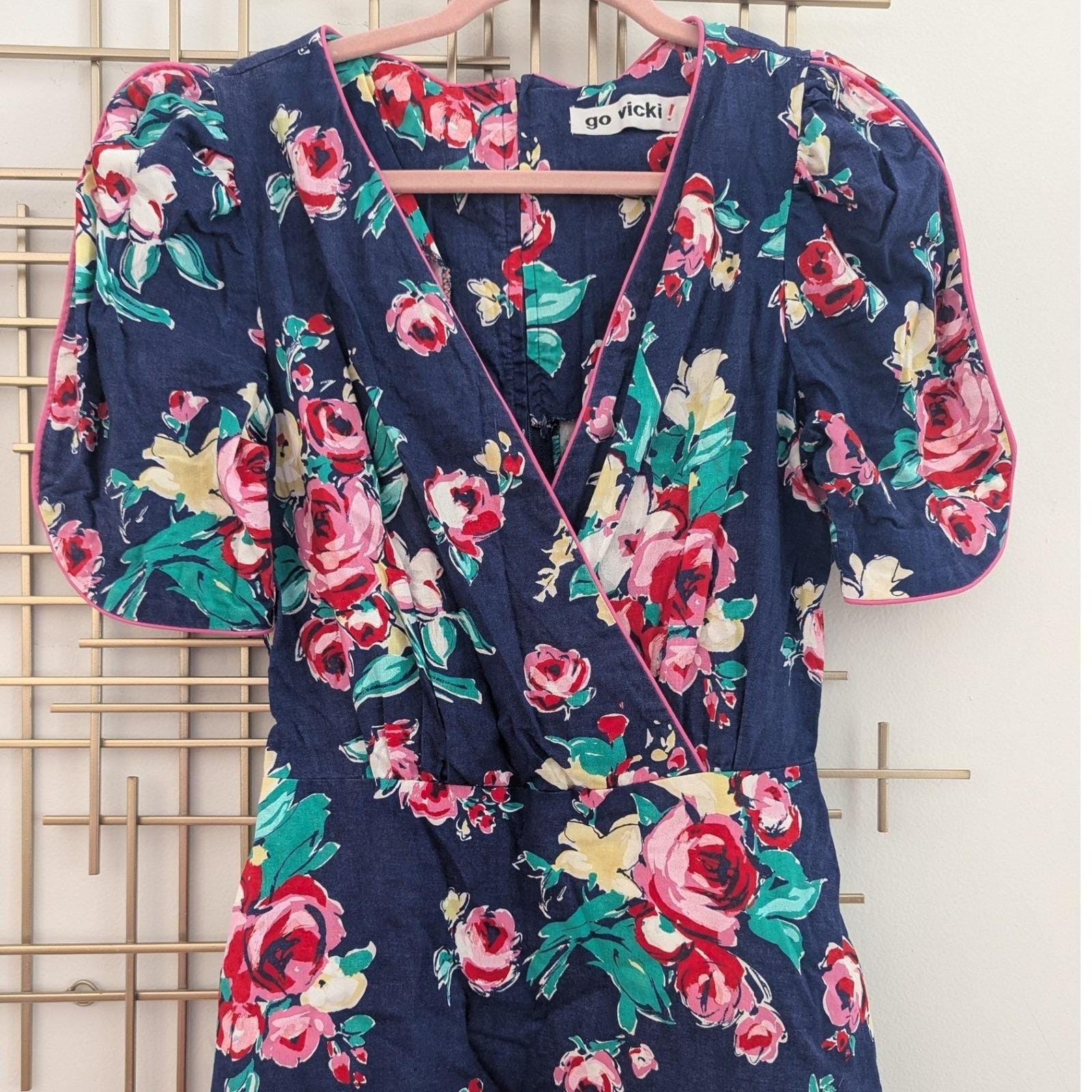 Vtg 80s Midi Dress Navy Pink Floral Drop Waist Piped Trim Short Sleeve Sz 10