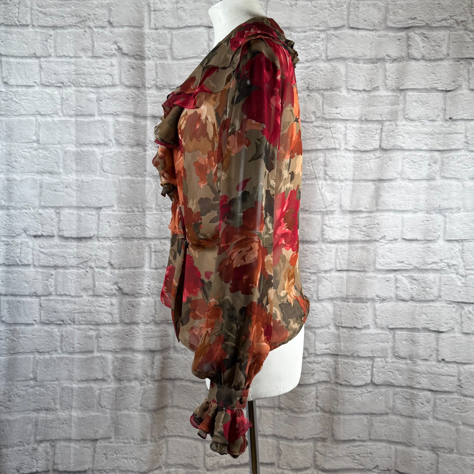Vtg Capriccio Sheer Silk Floral Blouse Women’s 8 Medium Ruffled Shirt