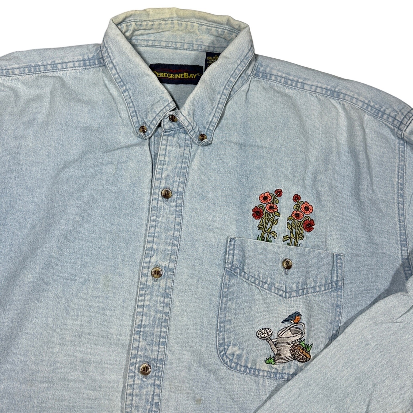 Vintage Cottage Core Denim Shirt Peregrine Bay XL Blue Embroidered Floral