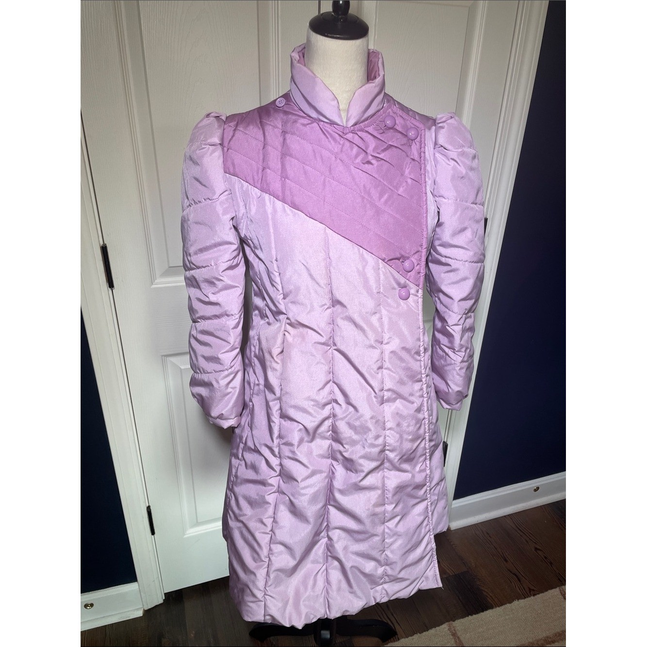 VTG 80s Rothschild Lavender Puffer Coat Asymmetric Colorblock Leg-O-Mutton