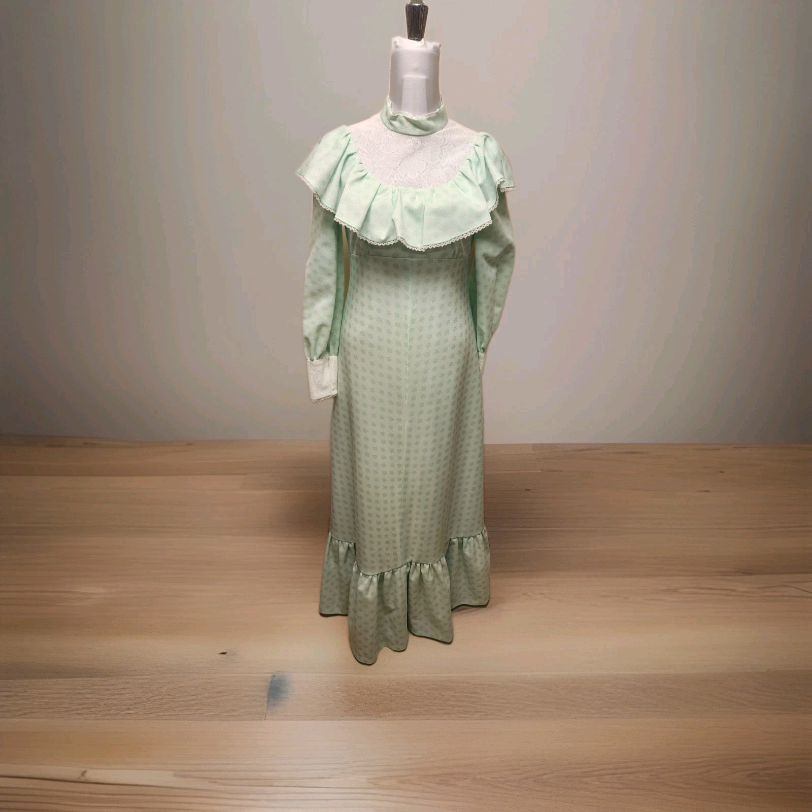 VTG 70s Handmade Prairie Cottage Core Gree Floral Pattern Maxi Dress*sz10*EUC
