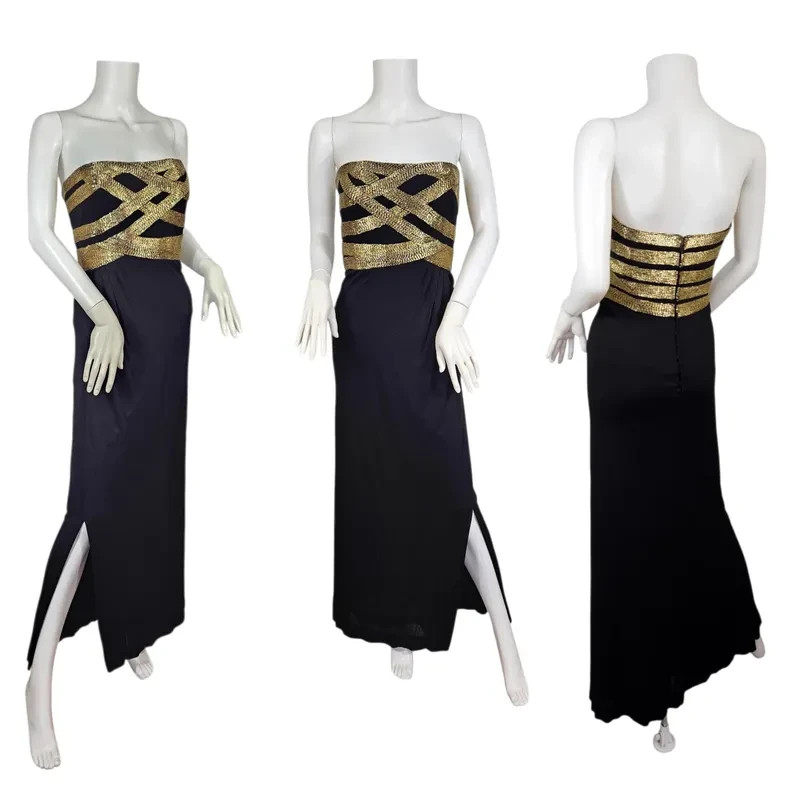 Giorgio Beverly Hills 1980s Black Jersey Strapless Gold Bead Evening Dress med