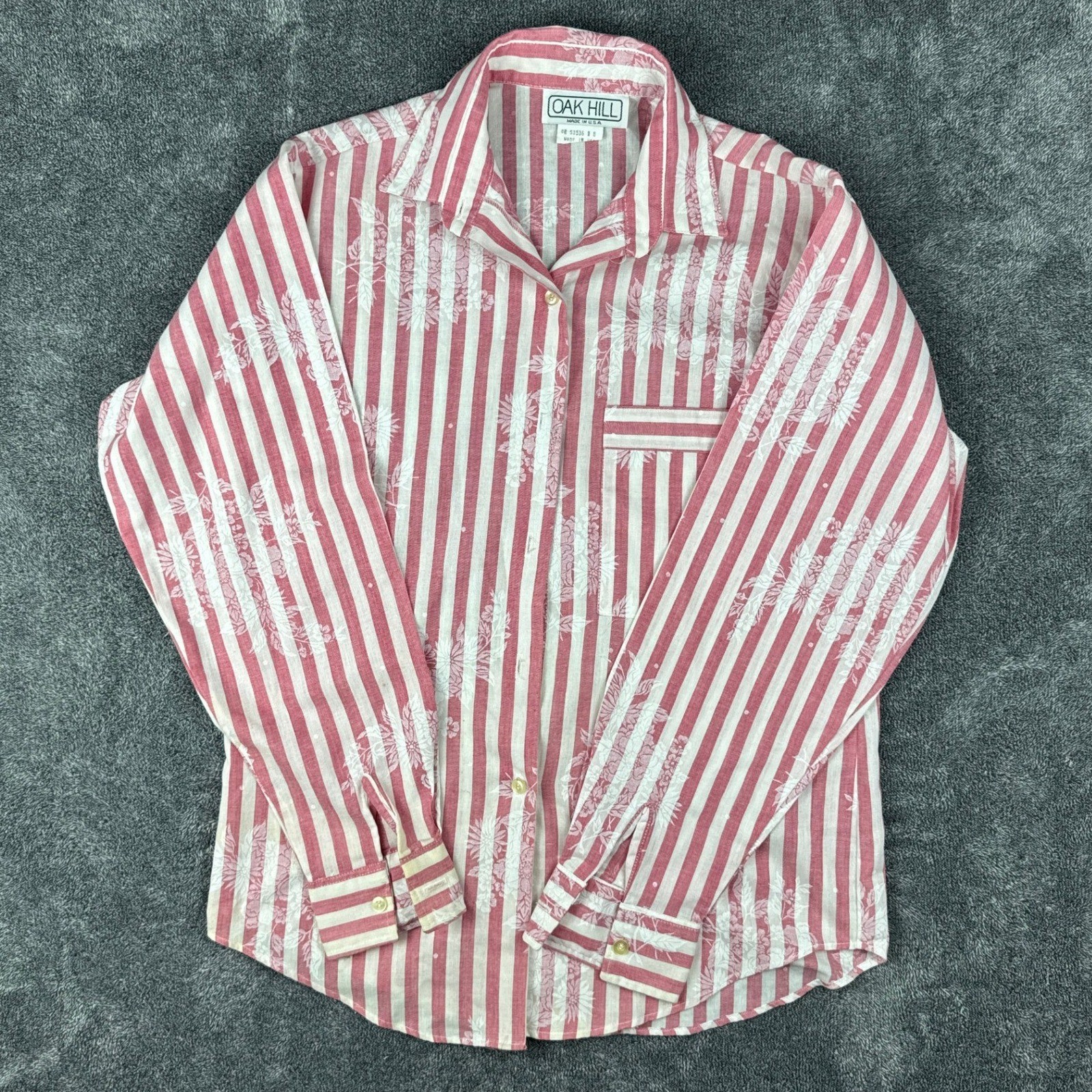 Vintage 90’s Oak Hill Red White Striped Floral Button Down Shirt Size 8 Made USA